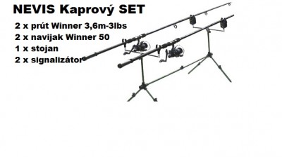 TOP AKCIA Kaprové prúty NEVIS Winner Carp + navijaky Winner Carprunner s baitrunnerom + signalizátory Carp Academy + stojan